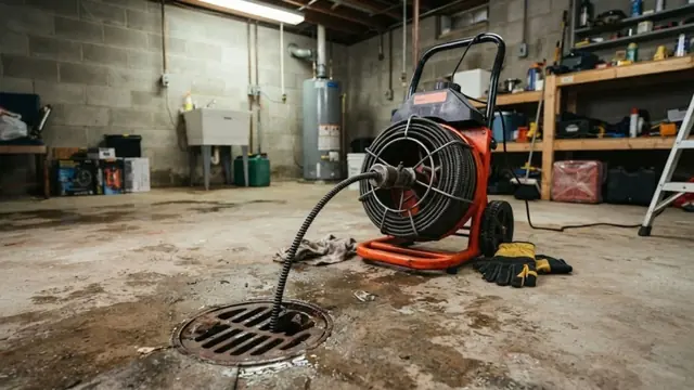A drain cleaning machine with a coiled cable reel feeding into a floor drain in a basement utility area