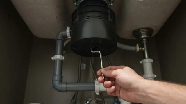 Hand using a hex key on the underside of a garbage disposal beneath a kitchen sink