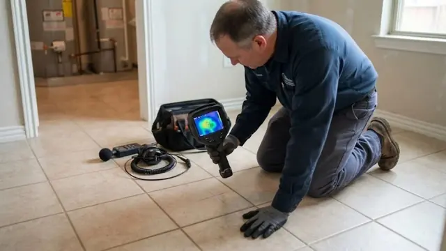 Technician kneeling on a tile floor using electronic listening equipment with a thermal imager nearby