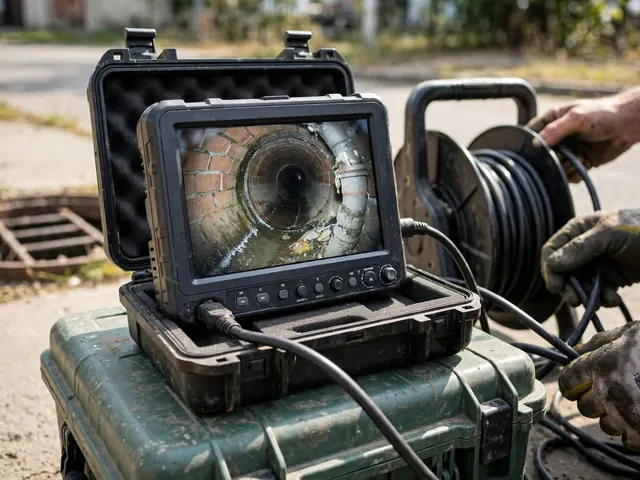 Rugged camera inspection monitor in a case showing the inside of a pipe, beside a cable reel