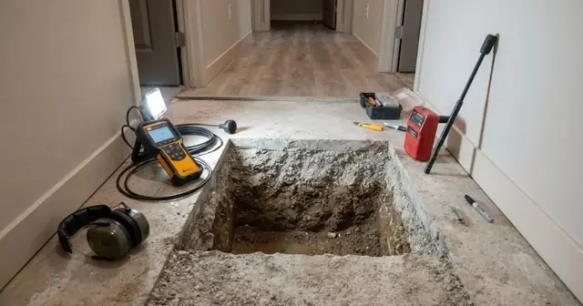 Hole cut in a concrete floor slab exposing the soil below, with leak locating equipment and ear protection beside it