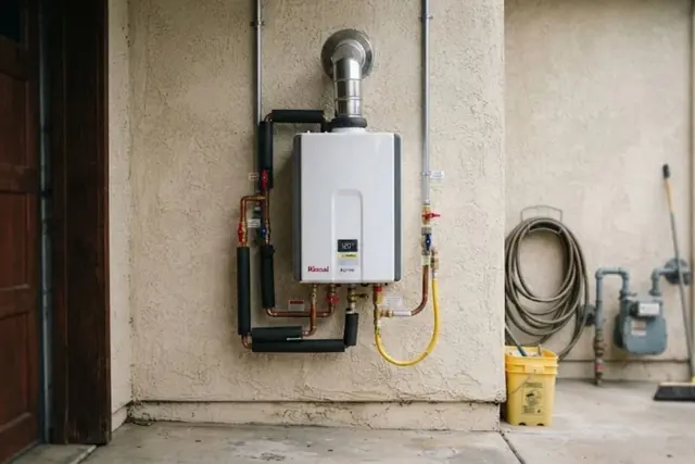 Wall-mounted tankless water heater with copper and gas piping beside a coiled garden hose in a garage