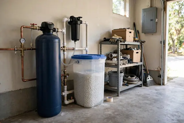 Blue water softener tank and brine tank with copper piping in a garage utility corner